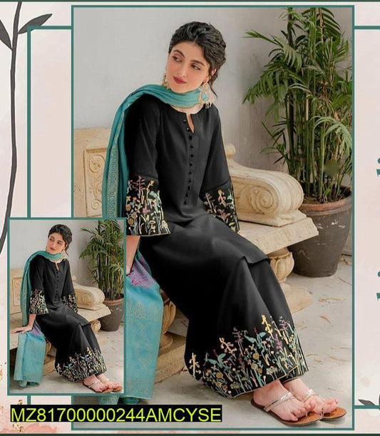 3 Pcs Women's Unstitched Lawn Embroidered Suit